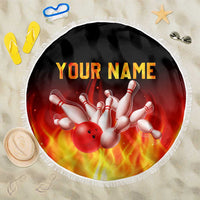 Bowling Ball and Pins Design Beach Blanket with Flame Background and Custom Team Name Text - Wonder Print Shop