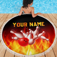 Bowling Ball and Pins Design Beach Blanket with Flame Background and Custom Team Name Text - Wonder Print Shop