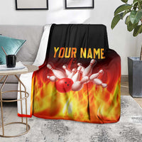 Bowling Ball and Pins Design Blanket with Flame Background and Custom Team Name Text - Wonder Print Shop