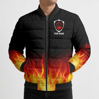 Bowling Ball and Pins Design Bomber Puffer Jacket with Flame Background and Custom Team Name Text - Wonder Print Shop