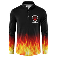 Bowling Ball and Pins Design Button Sweatshirt with Flame Background and Custom Team Name Text - Wonder Print Shop