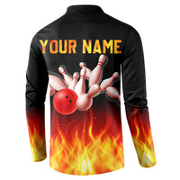 Bowling Ball and Pins Design Button Sweatshirt with Flame Background and Custom Team Name Text - Wonder Print Shop