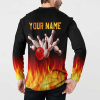 Bowling Ball and Pins Design Button Sweatshirt with Flame Background and Custom Team Name Text - Wonder Print Shop