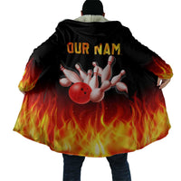 Bowling Ball and Pins Design Cloak with Flame Background and Custom Team Name Text - Wonder Print Shop