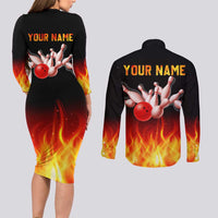 Bowling Ball and Pins Design Couples Matching Long Sleeve Bodycon Dress and Long Sleeve Button Shirt with Flame Background and Custom Team Name Text - Wonder Print Shop