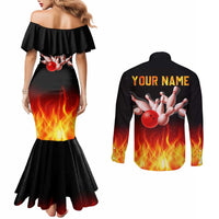 Bowling Ball and Pins Design Couples Matching Mermaid Dress and Long Sleeve Button Shirt with Flame Background and Custom Team Name Text - Wonder Print Shop