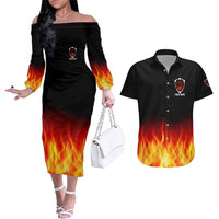 Bowling Ball and Pins Design Couples Matching Off The Shoulder Long Sleeve Dress and Hawaiian Shirt with Flame Background and Custom Team Name Text - Wonder Print Shop