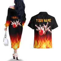 Bowling Ball and Pins Design Couples Matching Off The Shoulder Long Sleeve Dress and Hawaiian Shirt with Flame Background and Custom Team Name Text - Wonder Print Shop