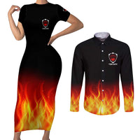 Bowling Ball and Pins Design Couples Matching Short Sleeve Bodycon Dress and Long Sleeve Button Shirt with Flame Background and Custom Team Name Text - Wonder Print Shop
