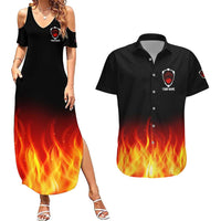 Bowling Ball and Pins Design Couples Matching Summer Maxi Dress and Hawaiian Shirt with Flame Background and Custom Team Name Text - Wonder Print Shop