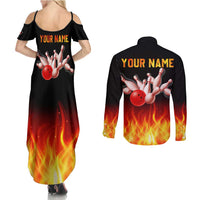 Bowling Ball and Pins Design Couples Matching Summer Maxi Dress and Long Sleeve Button Shirt with Flame Background and Custom Team Name Text - Wonder Print Shop
