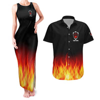 Bowling Ball and Pins Design Couples Matching Tank Maxi Dress and Hawaiian Shirt with Flame Background and Custom Team Name Text - Wonder Print Shop