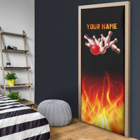 Bowling Ball and Pins Design Door Cover with Flame Background and Custom Team Name Text - Wonder Print Shop