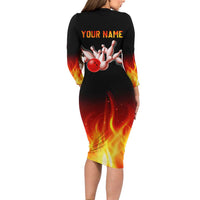 Bowling Ball and Pins Design Family Matching Long Sleeve Bodycon Dress and Hawaiian Shirt with Flame Background and Custom Team Name Text - Wonder Print Shop