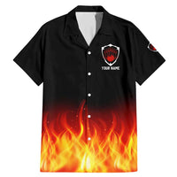 Bowling Ball and Pins Design Family Matching Mermaid Dress and Hawaiian Shirt with Flame Background and Custom Team Name Text - Wonder Print Shop