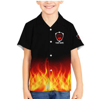 Bowling Ball and Pins Design Family Matching Mermaid Dress and Hawaiian Shirt with Flame Background and Custom Team Name Text - Wonder Print Shop