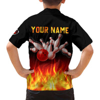 Bowling Ball and Pins Design Family Matching Off The Shoulder Long Sleeve Dress and Hawaiian Shirt with Flame Background and Custom Team Name Text - Wonder Print Shop
