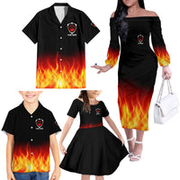 Bowling Ball and Pins Design Family Matching Off The Shoulder Long Sleeve Dress and Hawaiian Shirt with Flame Background and Custom Team Name Text - Wonder Print Shop