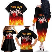 Bowling Ball and Pins Design Family Matching Off The Shoulder Long Sleeve Dress and Hawaiian Shirt with Flame Background and Custom Team Name Text - Wonder Print Shop