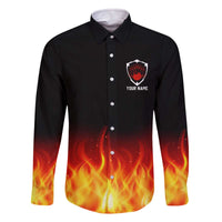 Bowling Ball and Pins Design Family Matching Off The Shoulder Long Sleeve Dress and Hawaiian Shirt with Flame Background and Custom Team Name Text - Wonder Print Shop