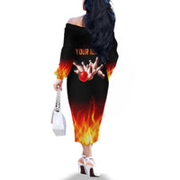 Bowling Ball and Pins Design Family Matching Off The Shoulder Long Sleeve Dress and Hawaiian Shirt with Flame Background and Custom Team Name Text - Wonder Print Shop