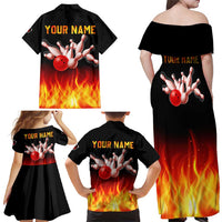 Bowling Ball and Pins Design Family Matching Off Shoulder Maxi Dress and Hawaiian Shirt with Flame Background and Custom Team Name Text - Wonder Print Shop
