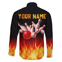 Bowling Ball and Pins Design Family Matching Off Shoulder Maxi Dress and Hawaiian Shirt with Flame Background and Custom Team Name Text - Wonder Print Shop