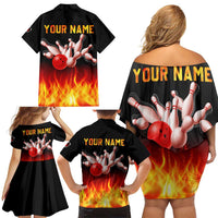 Bowling Ball and Pins Design Family Matching Off Shoulder Short Dress and Hawaiian Shirt with Flame Background and Custom Team Name Text - Wonder Print Shop