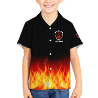 Bowling Ball and Pins Design Family Matching Puletasi and Hawaiian Shirt with Flame Background and Custom Team Name Text - Wonder Print Shop