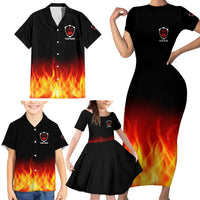 Bowling Ball and Pins Design Family Matching Short Sleeve Bodycon Dress and Hawaiian Shirt with Flame Background and Custom Team Name Text - Wonder Print Shop