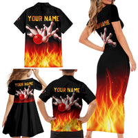 Bowling Ball and Pins Design Family Matching Short Sleeve Bodycon Dress and Hawaiian Shirt with Flame Background and Custom Team Name Text - Wonder Print Shop