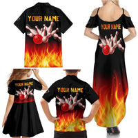 Bowling Ball and Pins Design Family Matching Summer Maxi Dress and Hawaiian Shirt with Flame Background and Custom Team Name Text - Wonder Print Shop