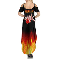 Bowling Ball and Pins Design Family Matching Summer Maxi Dress and Hawaiian Shirt with Flame Background and Custom Team Name Text - Wonder Print Shop