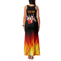 Bowling Ball and Pins Design Family Matching Tank Maxi Dress and Hawaiian Shirt with Flame Background and Custom Team Name Text - Wonder Print Shop
