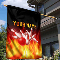 Bowling Ball and Pins Design Garden Flag with Flame Background and Custom Team Name Text - Wonder Print Shop