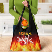 Bowling Ball and Pins Design Grocery Bag with Flame Background and Custom Team Name Text - Wonder Print Shop