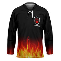 Bowling Ball and Pins Design Hockey Jersey with Flame Background and Custom Team Name Text - Wonder Print Shop