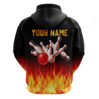 Bowling Ball and Pins Design Hoodie with Flame Background and Custom Team Name Text - Wonder Print Shop