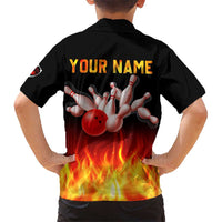 Bowling Ball and Pins Design Kid Hawaiian Shirt with Flame Background and Custom Team Name Text - Wonder Print Shop