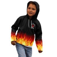 Bowling Ball and Pins Design Kid Hoodie with Flame Background and Custom Team Name Text - Wonder Print Shop