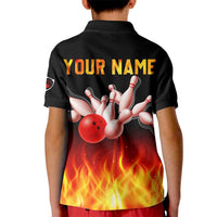 Bowling Ball and Pins Design Kid Polo Shirt with Flame Background and Custom Team Name Text - Wonder Print Shop