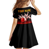 Bowling Ball and Pins Design Kid Short Sleeve Dress with Flame Background and Custom Team Name Text - Wonder Print Shop