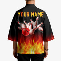 Bowling Ball and Pins Design Kimono with Flame Background and Custom Team Name Text - Wonder Print Shop