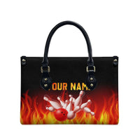 Bowling Ball and Pins Design Leather Bag with Flame Background and Custom Team Name Text - Wonder Print Shop