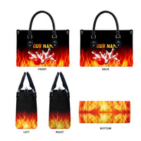 Bowling Ball and Pins Design Leather Bag with Flame Background and Custom Team Name Text - Wonder Print Shop