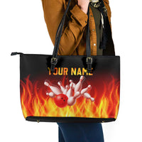 Bowling Ball and Pins Design Leather Tote Bag with Flame Background and Custom Team Name Text - Wonder Print Shop