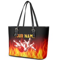 Bowling Ball and Pins Design Leather Tote Bag with Flame Background and Custom Team Name Text - Wonder Print Shop