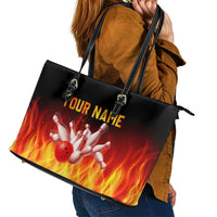 Bowling Ball and Pins Design Leather Tote Bag with Flame Background and Custom Team Name Text - Wonder Print Shop