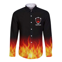 Bowling Ball and Pins Design Long Sleeve Button Shirt with Flame Background and Custom Team Name Text - Wonder Print Shop