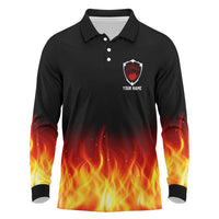 Bowling Ball and Pins Design Long Sleeve Polo Shirt with Flame Background and Custom Team Name Text - Wonder Print Shop